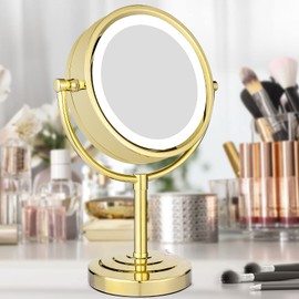 GURUN 8.5 Inch Tabletop LED Lighted Makeup Mirror with 10x Magnification Double Sided Vanity Mirror Plug Power Gold Finish M2208DJ(8.5in,10x)