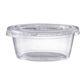 Pantry Value [3.25 oz. - 100 Count Clear Disposable Plastic Portion Cups with Lids - Small Plastic Condiment Containers for Sauce, Salad Dressings & Portion Control