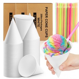 Roshtia 1200 Pcs 6oz Snow Cone Cups with Straw Spoon Thicken Disposable Cone Cup Pull Type Wall Mount for Restaurants Home Office and Shaved Ice (White, Paper)