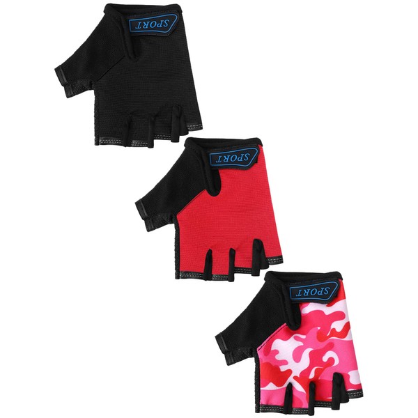 3 Pairs Kids Bike Gloves Kids Half Finger Gloves Fingerless
