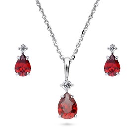 BERRICLE Sterling Silver Solitaire Pear Cut Cubic Zirconia CZ Fashion Necklace and Earrings Set for Women, Rhodium Plated, Garnet