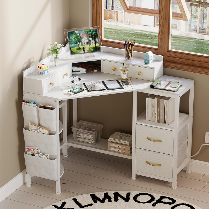 Espelism Corner Vanity Desk with Charging Station, 49.6" Makeup Table