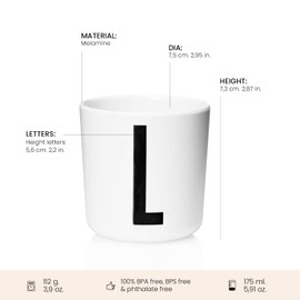 Design Letters Melamine Sippy cups for Baby 7 Oz A-Z | Kids Cups Designed in Denmark Reusable Cup for Baby 6+ Month|Learning Cup BPA/BPS Free | Children Drinking Cup Dishwasher Safe, Toddler Cup White
