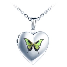 Yumilok Locket Chain Women's Necklace Love Heart Butterfly Amulet Locket for Opening Pictures Photo Gifts for Girlfriend Wife Mother, Stainless Steel