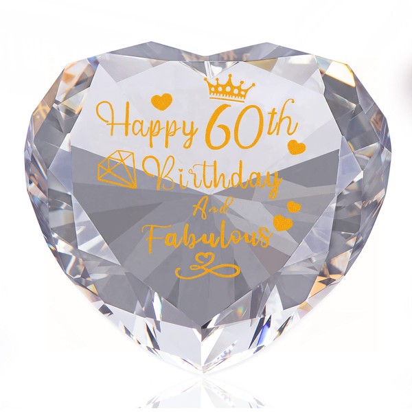 60th Birthday Gifts for Women Heart Glass Crystal Keepsake with Happy 60 Years Birthday and Fabulous Presents For Mum, Friends