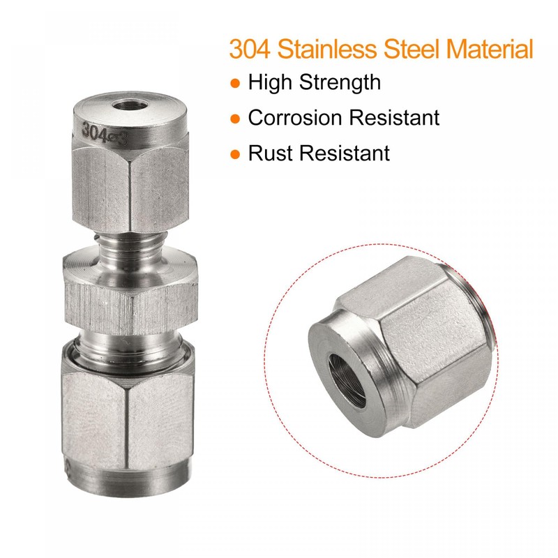 sourcing map Compression Tube Fitting 304 Stainless Steel 3mm x