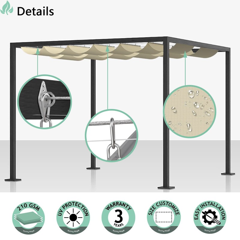 SunnyRoyal Beige 3'x12' Waterproof Pergola Shade Cover Retractable Sun Shade