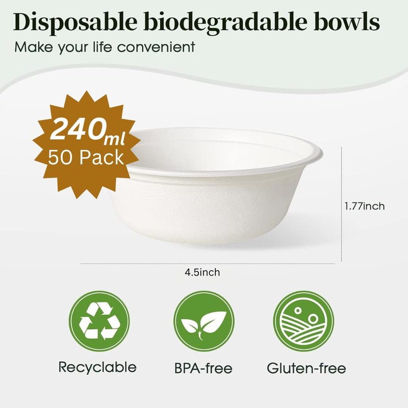 50 Pack Strong Paper Bowls – 340ml Disposable Compostable Bagasse