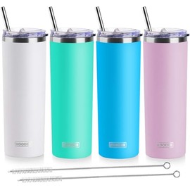 koodee 20 oz Tumbler with Lid and Straw -4 Pack Insulated Skinny Tumblers Stainless Steel Double Wall Water Cup (White/Teal/Sky Blue/Baby Pink)