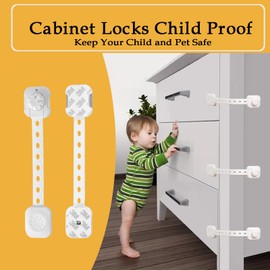 Fursafe&Q Child Safety Cabinet Proofing, Baby Cabinet Locks Adhesive Adjustable Child Safety Strap Locks Drawer Fridge Ovens Toilet Latches No Screws for Furniture Kitchen White 6Pack