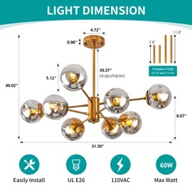 DDLLDESHI Gold Chandelier 8 Head Dining Room Light Fixture, Sliver Glass Globe Shade Kitchen Lights Modern Chandeliers (Ceiling Hanging Lighting Fixtures with Sputnik Pendant)
