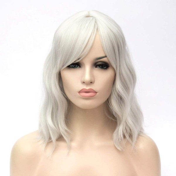 Atayou-wig Small Wave Curly Women's Cosplay Shoulder Length Wig (Silver White)