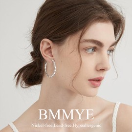 BMMYE Sterling Silver Hoop Earrings,Cubic Zirconia Silver Hoop Earrings for Women Hypoallergenic Heart Earring 40MM
