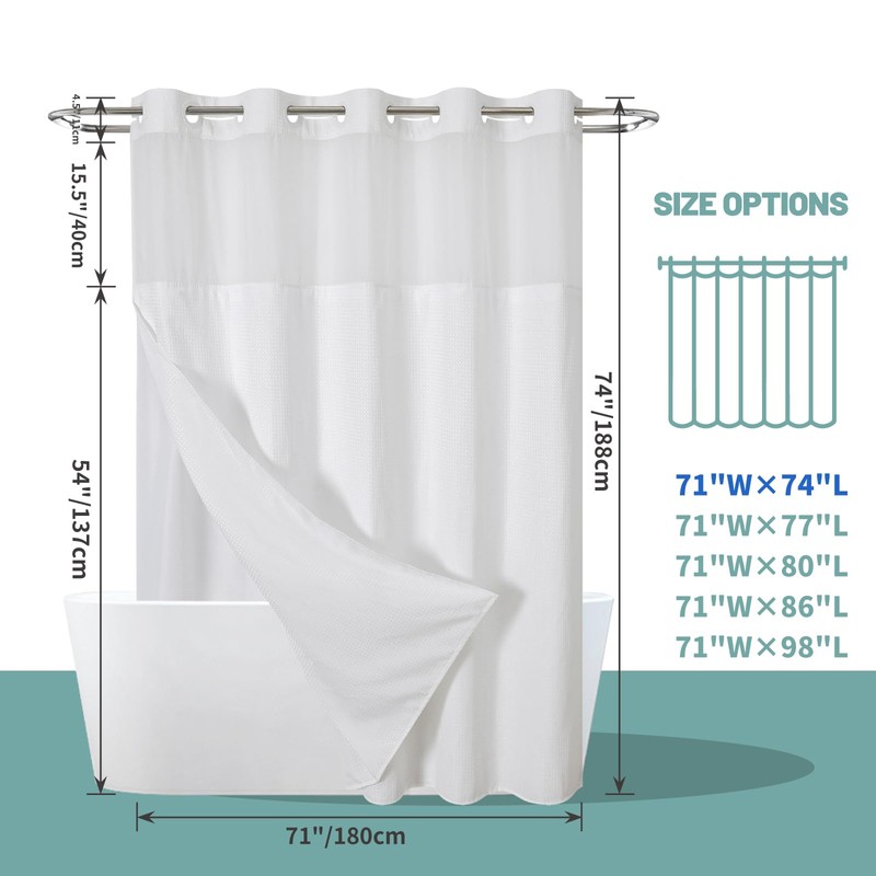 eachope White No Hook Waffle Weave Shower Curtain with snap-in