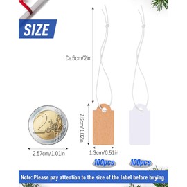 Caianwin Pack of 200 Mini Price Tags with Elastic Cord, 26 x 13 mm Labels Pendants, White and Brown Small Hanging Labels for Jewellery Display