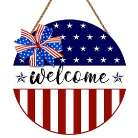 4th of July Independence Day Wreath Patriotic Stars Sign American Fourth of July Hanger Welcome Front for Door Decor 13 Inch Memorial Day Door Sign for Porch Home Wall Outdoor Decorations