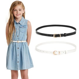 WHIPPY 2 Pack Belts for Girls Kids Skinny Belts Thin Leather Waist Belt with Alloy Pin Buckle for Pants Jeans Dresses, Black/White, Fits Waist 19"-24"