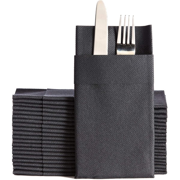 Black Dinner Napkins Cloth Like with Built-in Flatware Pocket, Linen-Feel Absorbent Disposable Paper Hand Napkins for Kitchen, Bathroom, Parties, Weddings, Dinners or Events, 16x16 inches, Pack of 50