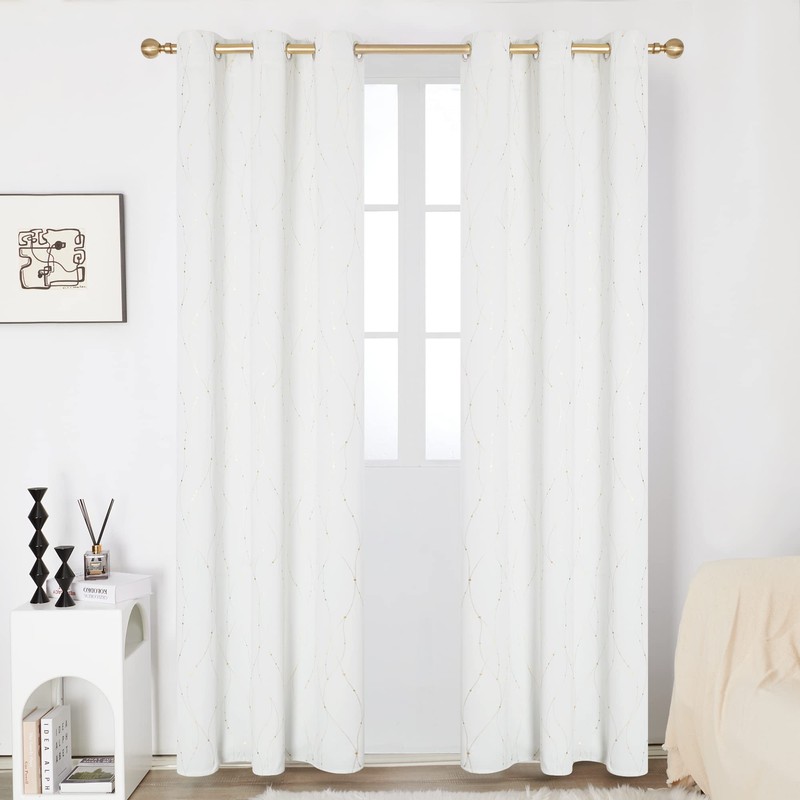 Deconovo Blackout Grommet Gold Pattern Printed Curtains, White, 42W x