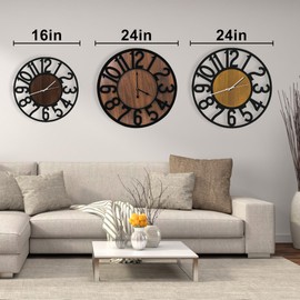 Wall Clocks for Living Room Decor,24 inches Large Wall Clocks,Silent,Non Ticking,Battery Operated Modern Big Black Metal Wall Clock for Bedroom,Kitchen,Office,Home,Farmhouse Wall Decor (Wood, 24 Inch)