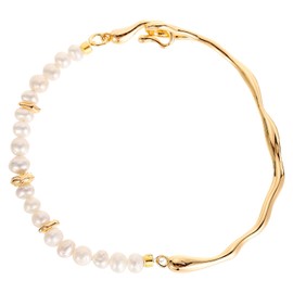 Myrvynte Freshwater Pearl Bracelet, 4.5-5mm 14k Gold Small Pearl Cuff Bracelet Gold pearl Beaded Bracelet for Women Wedding Anniversary Mother's Day, One Size, Brass, Pearl