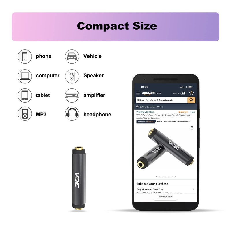 VCE 3.5mm Female to Female Adapter, TRRS 1/8 Inch Stereo