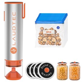 LAUDTEC 2-in-1 Handheld Vacuum Sealer for Food Storage Bags and Mason Jars (Vacuum Sealer + 5 Reusable Storage Bags + 4 Reusable Mason Jar Lids)