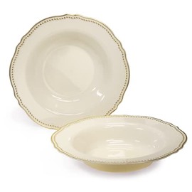 " OCCASIONS " 20 Plates Pack, Heavyweight Disposable Wedding Party Plastic Bowls (10 oz Soup/Dessert Bowl, Rochelle Ivory & Gold)
