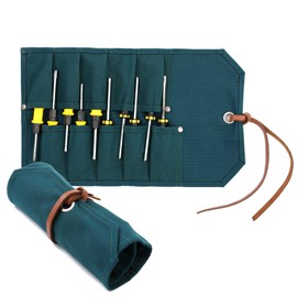 Multi-Function Chisel Roll, Heavy Duty 16oz Waxed Canvas Tool Storage Bag, Durable Tool Carrier with 10 Slots for Chisel Wrench Screwdriver | Dark Green