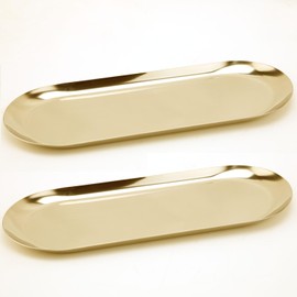 12 inches - Set of 2 - Stainless Steel Decorative Tray, Jewelry Dish Cosmetics Organizer Bathroom Clutter Serving Platter Small Storage Tray, Oval, Gold