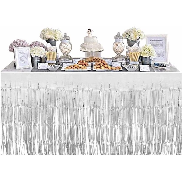 2 Packs Metallic Foil Fringe Table Skirt Silver Tinsel Table Skirt Garland for Rectangle Tables Hotel Banquet Parade Floats Christmas Birthday Wedding Party Decoration (108 X 29 inch)
