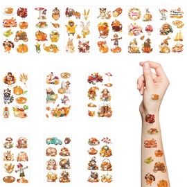 12 Sheets Glitter Thanksgiving Temporary Tattoos for Children Autumn Holiday Tattoo Stickers with Turkey, Pumpkin for Boys and Girls, Thanksgiving Party Decorations Favour Accessories