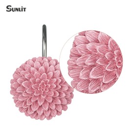 Sunlit Decorative Floral Shower Curtain Hooks, Dahlia Pinnata Flower Shower Curtain Rings, Resin, Bathroom Decoration Pink Shower Curtain Hooks-12 Pack