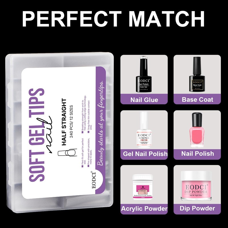 EODCI Gel Nail Tips Tapered Square Nails, 240Pcs Pre Shaped