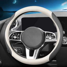 HAOTULE New Nappa Leather car Steering Wheel Cover, Universal 15 inch (White and Black)
