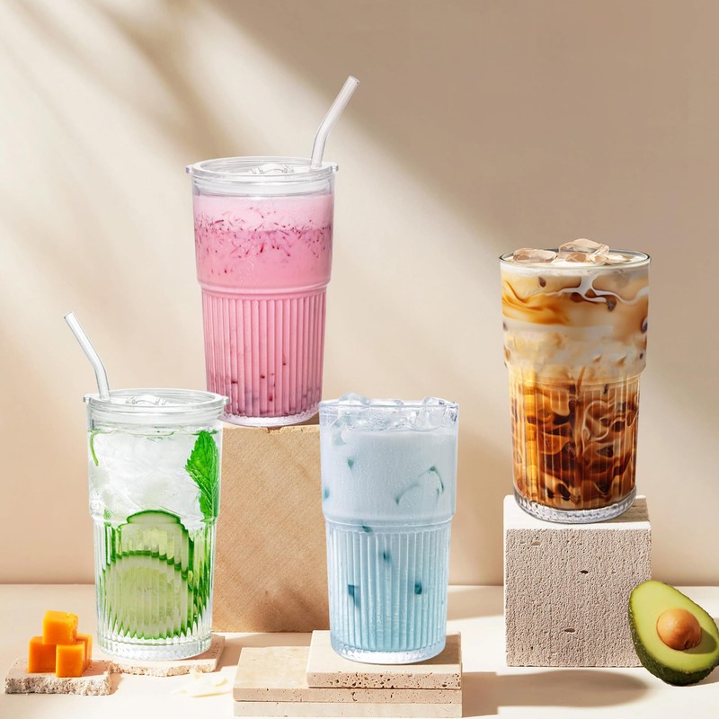 Luiaiog Glass Coffee Cups with Lids and Straws - Set