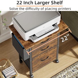 GYIIYUO Mobile File Cabinet with 22'' Extended Shelf and Side Bag, Filing Cabinet 3 Drawer Fits A4/Letter Size, Rolling Printer Stand, File Cabinet for Home Office, Fabric Drawer, Rustic Brown