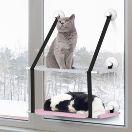 Cat Window Perch, Cat Hammock for Indoor Cats, Sturdy Window Seat for Cats Inside with Large Screw Suction Cups (Greyblue, Double Layers)