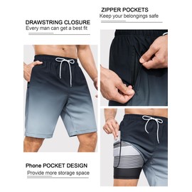 SILKWORLD Mens Swim Trunks with Compression Liner 9" Swim Shorts Quick Dry Bathing Suit Swimming Trunks Zipper Pockets, Gradient-Black Grey, Large