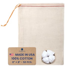 Celestial Gifts Muslin Bags with Drawstring 50pcs, 6x8 - Large Drawstring Bags Bulk - Gift Bags for Party Favor and DIY Craft - 100% Cotton - Made in USA - (Red Hem & Orange Drawstring)