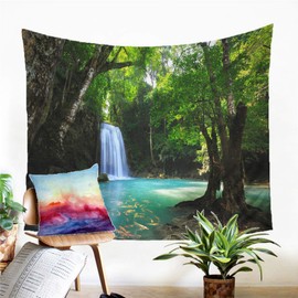 Forest Waterfall Tapestry Wall Hanging Sandy Beach Picnic Rug Camping Tent Sleeping Pad Home Decor Bedspread Sheet Wall Cloth (60x51inch,1)