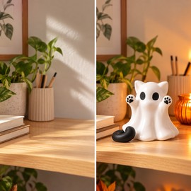 Mini Kitten Ghost Figurine for Halloween Decor – Cute Plastic Cat Ornament for Desktop, Home & Office Display
