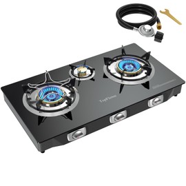 TopFleme 3 Burner Propane Stove 32,300 BTU High-Efficiency Tempered Glass Auto-Ignition Gas Burner Stove Top with CSA Hose for Outdoor RV Camping Emergency Cooking