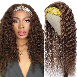 XSY 1B/99J Burgundy Red Wig Headband Human Hair Wig Headband Half Wigs Human Hair 10A Brazilian Glueless Human Hair Wigs None Lace Front Wigs Deep Wave 150% Density 20 Inch