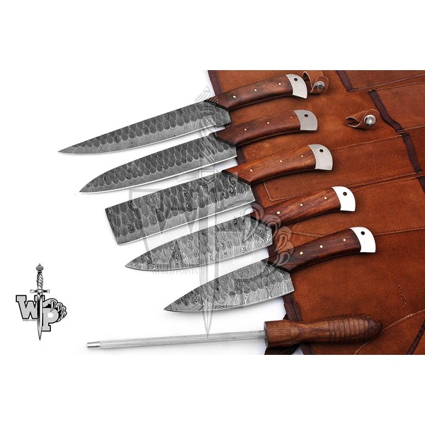 World Points 1027 Rose Wood Damascus Kitchen Knife Set Professional 6 Piece, Handmade Damascus Steel Chef Knife Set with Chopper/Cleaver And 6 Pocket Original Leather Roll Bag, WP-1027
