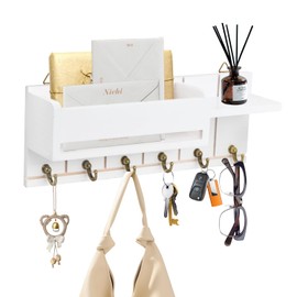 Dokeno Key Rack with Shelf, Wooden Key Rack with 6 Hooks, Key Hook Wall Mount, Key Holder Decorative, Organiser for Letters, Key Rack for Entrance, Living Room, Hallway, Office