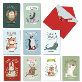 NobleWorks - 10 Funny Assorted Christmas Cards Boxed - Happy Holiday Assortment, Notecards with Envelopes - Holiday Yoganimals AC9520XSG-B1x10