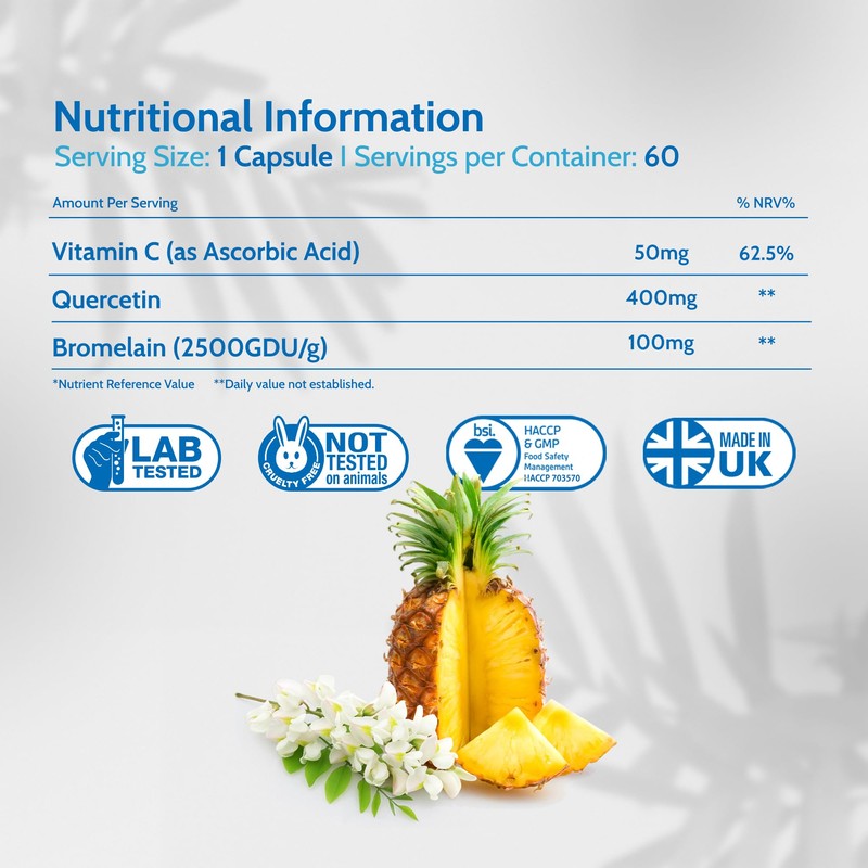 Health4All Quercetin 400mg + Bromelain 100mg per Capsule, Natural Antihistamine,