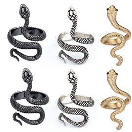 Yueser Snake Ring, 6 Pieces, Adjustable, Punk, Vintage Rings for Women, Men (Gold, Silver and Black)