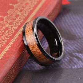 THREE KEYS JEWELRY 8mm Tungsten Wedding Ring with Koa Wood Inlay Black Flat Wedding Band Engagement Ring Comfort Fit Size 7.5